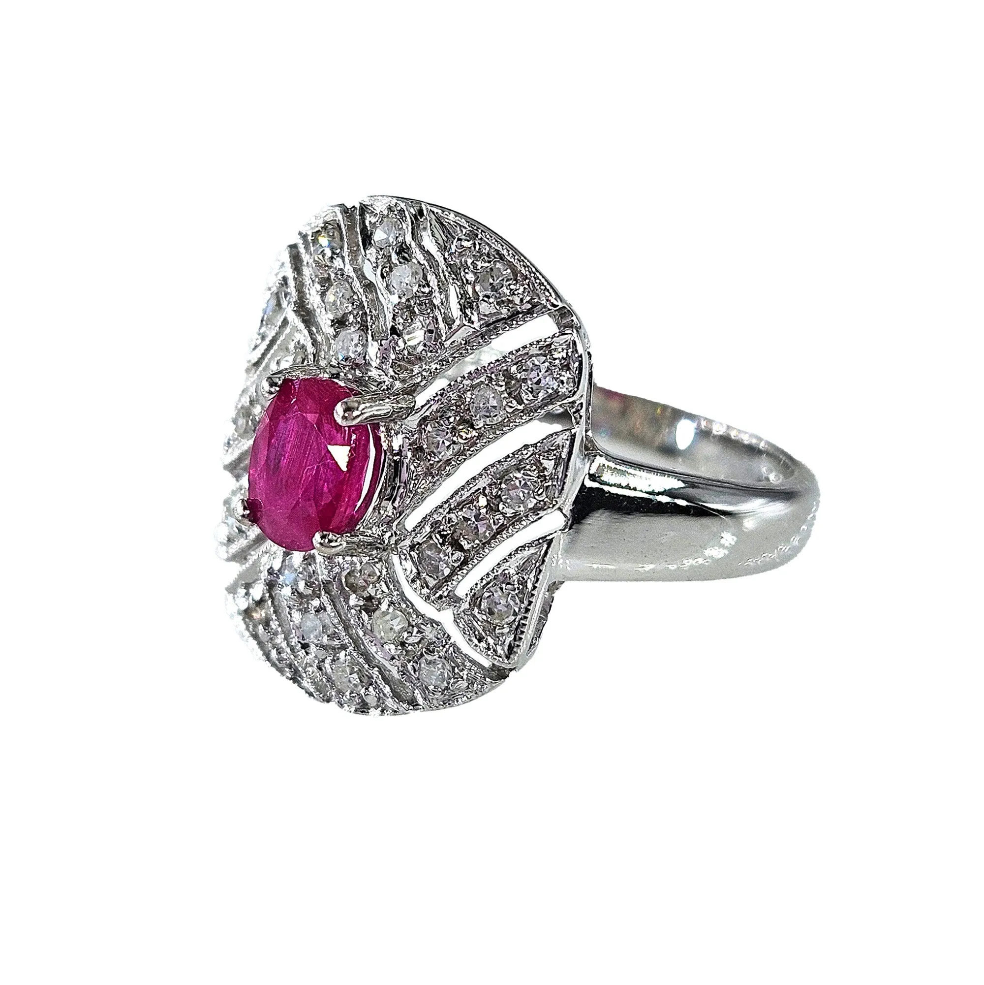 Vintage Art Deco Style 0.75Carat Oval Ruby and Diamond 14k White Gold Ring