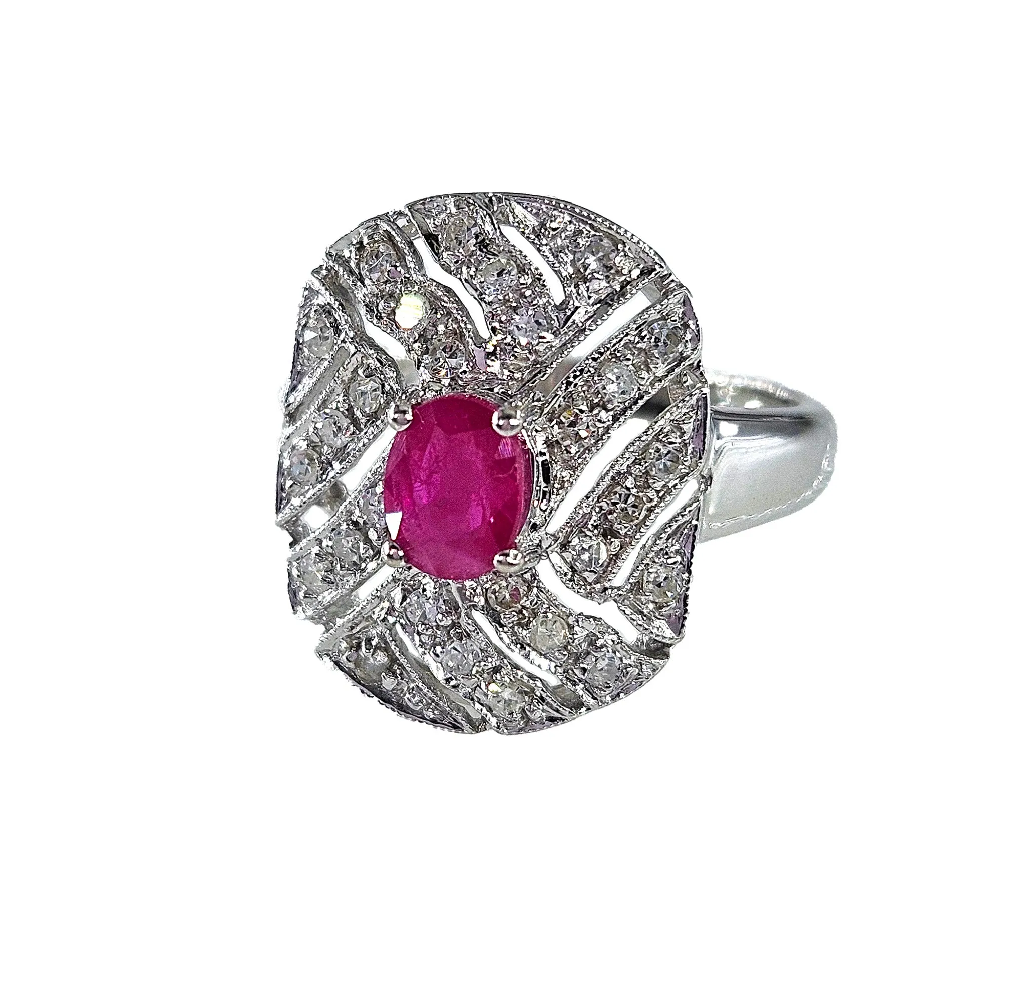 Vintage Art Deco Style 0.75Carat Oval Ruby and Diamond 14k White Gold Ring