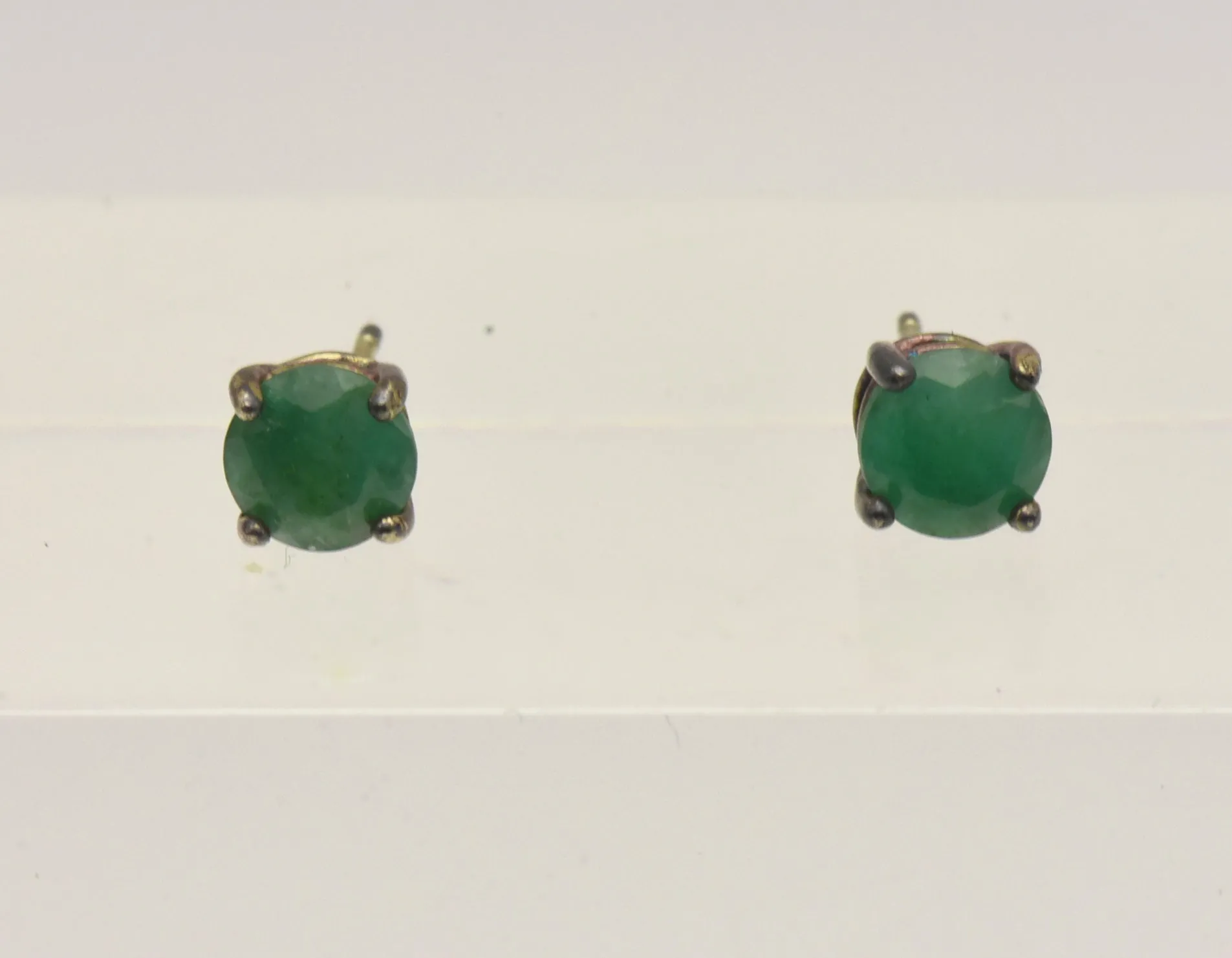 Vintage Emerald Gold Tone Sterling Silver Stud Earrings