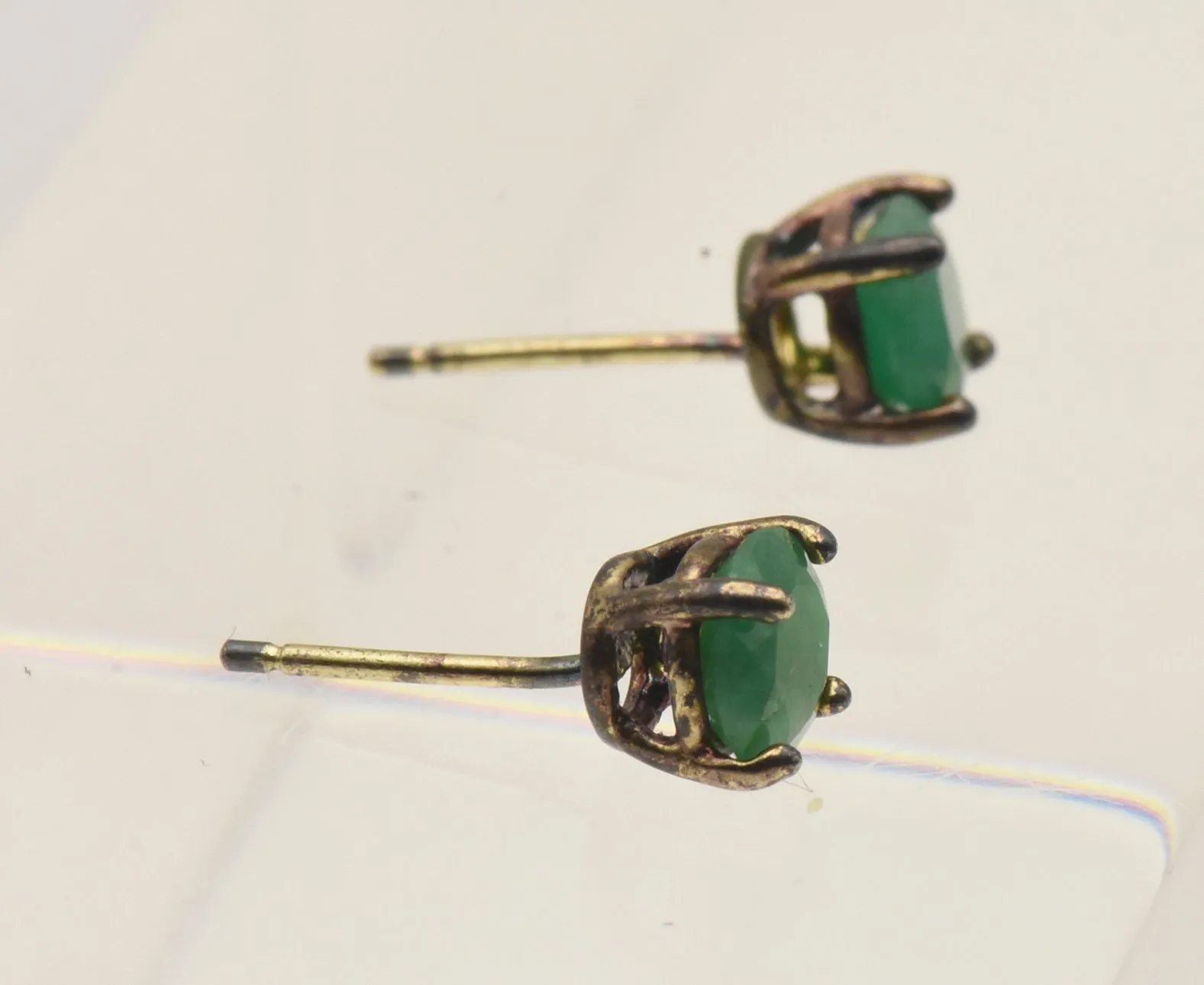 Vintage Emerald Gold Tone Sterling Silver Stud Earrings