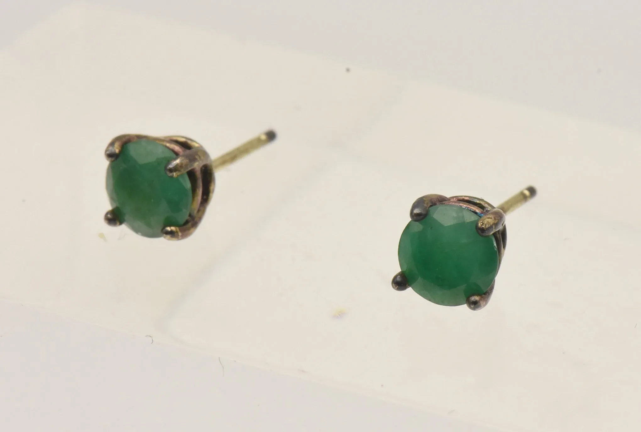 Vintage Emerald Gold Tone Sterling Silver Stud Earrings