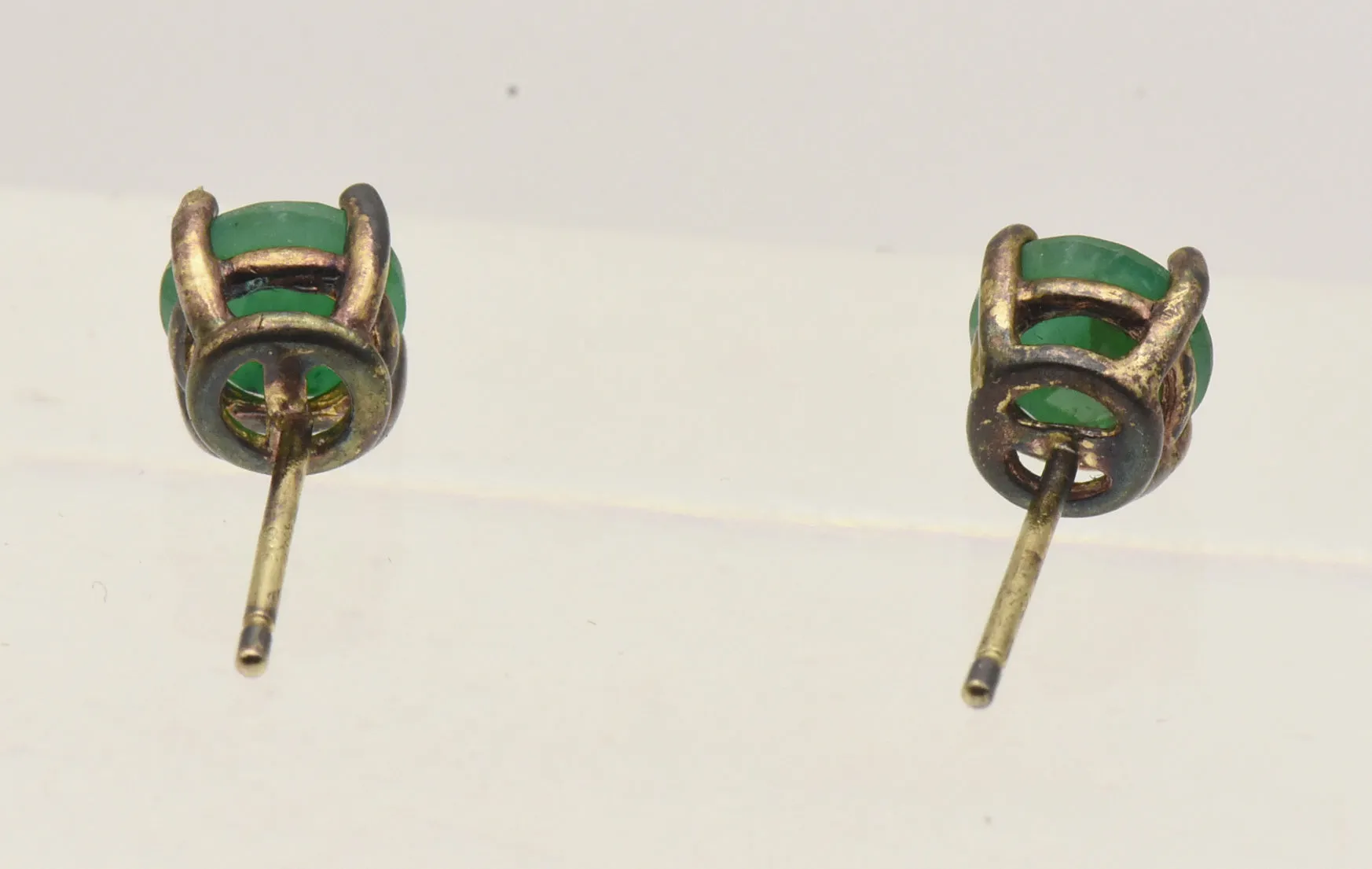 Vintage Emerald Gold Tone Sterling Silver Stud Earrings