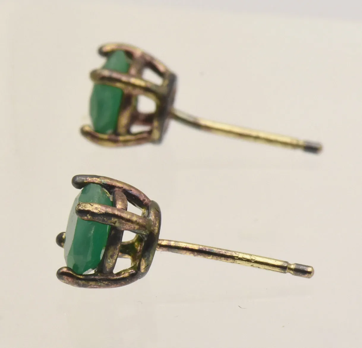 Vintage Emerald Gold Tone Sterling Silver Stud Earrings