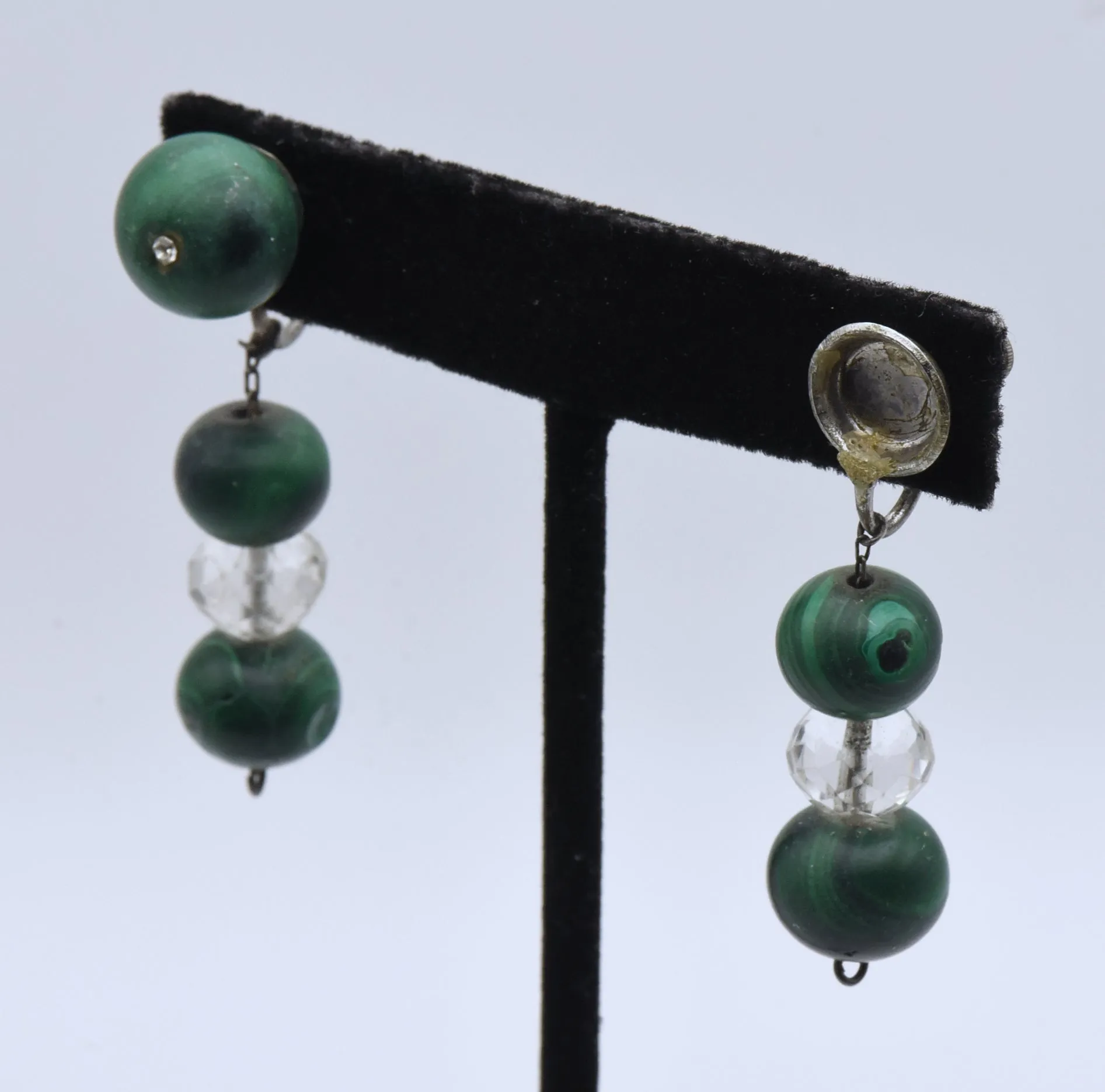 Vintage Handmade Malachite and Quartz Bead Screw Back Earrings - MISSING STONE