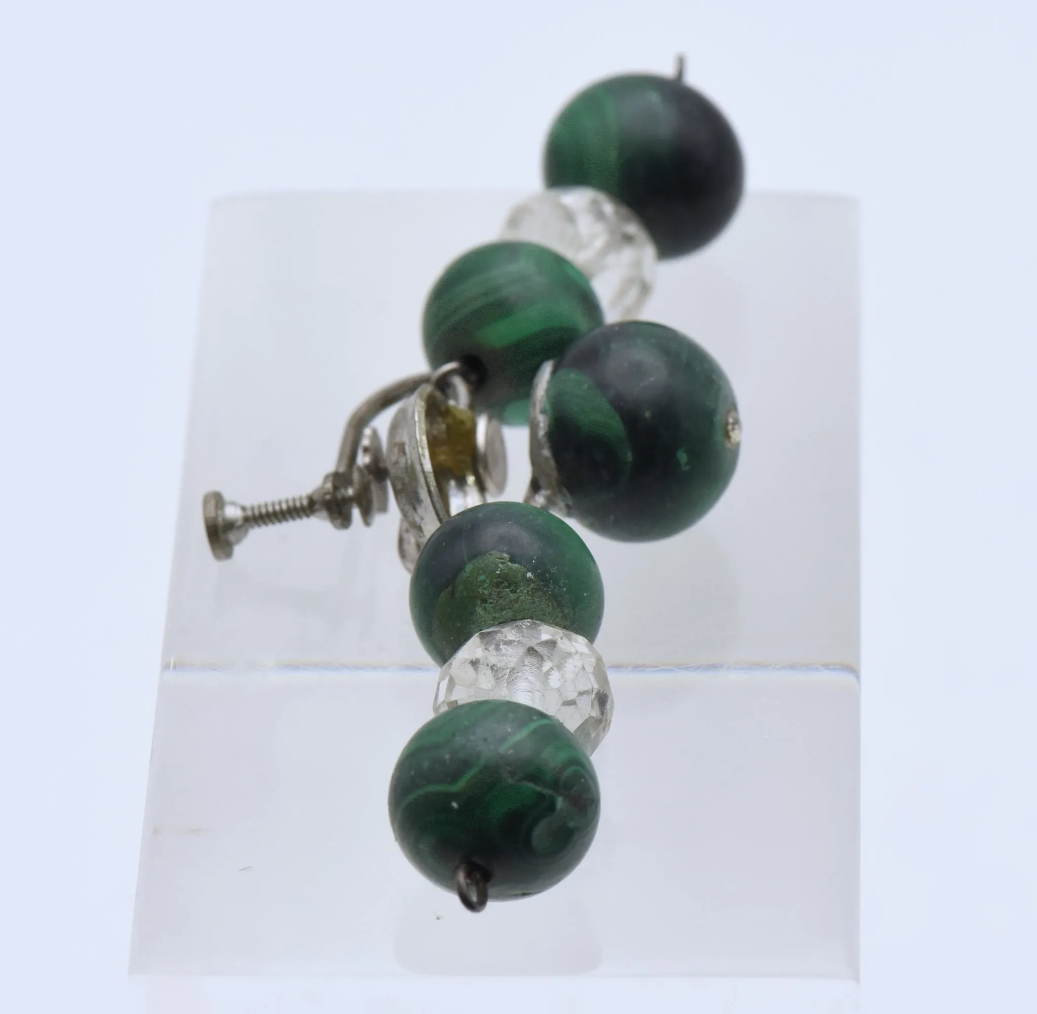 Vintage Handmade Malachite and Quartz Bead Screw Back Earrings - MISSING STONE