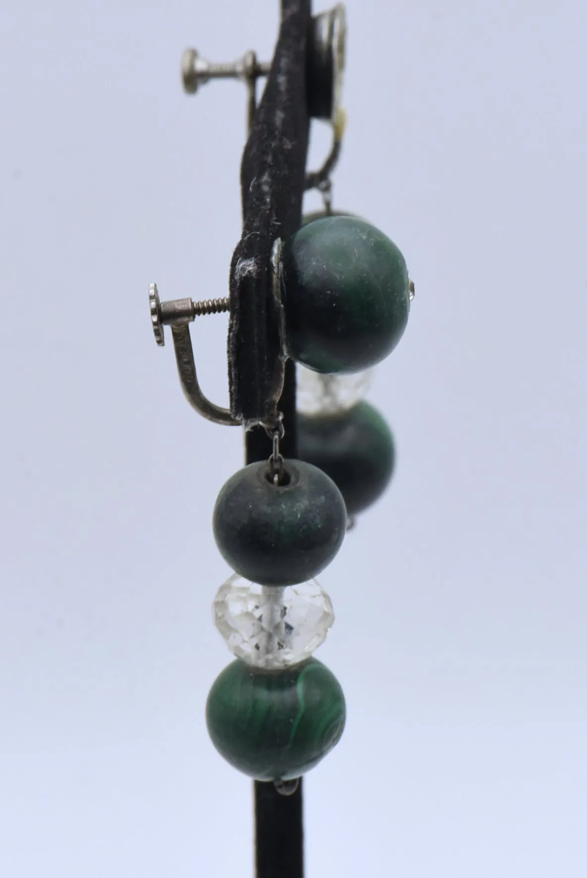 Vintage Handmade Malachite and Quartz Bead Screw Back Earrings - MISSING STONE