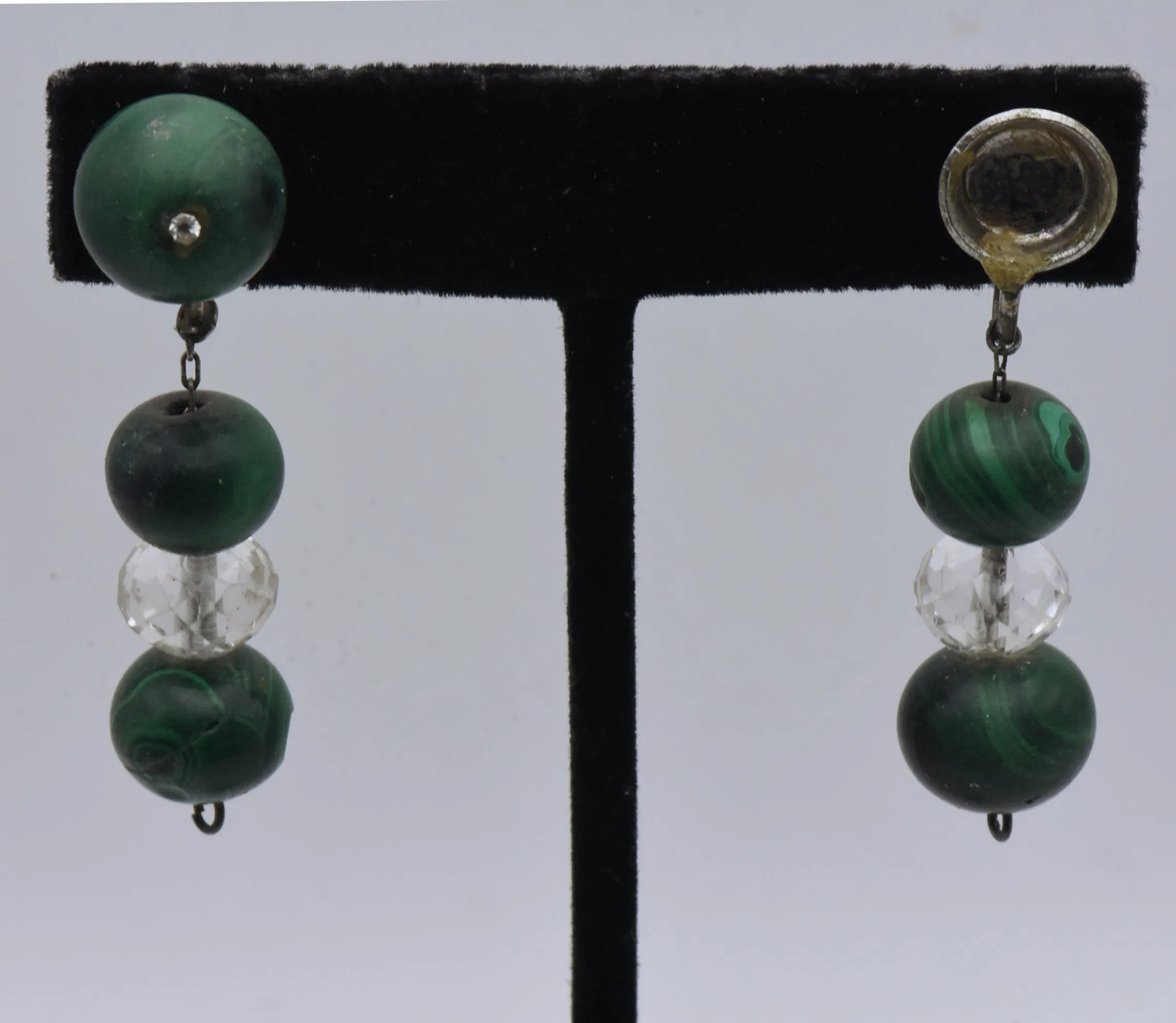 Vintage Handmade Malachite and Quartz Bead Screw Back Earrings - MISSING STONE