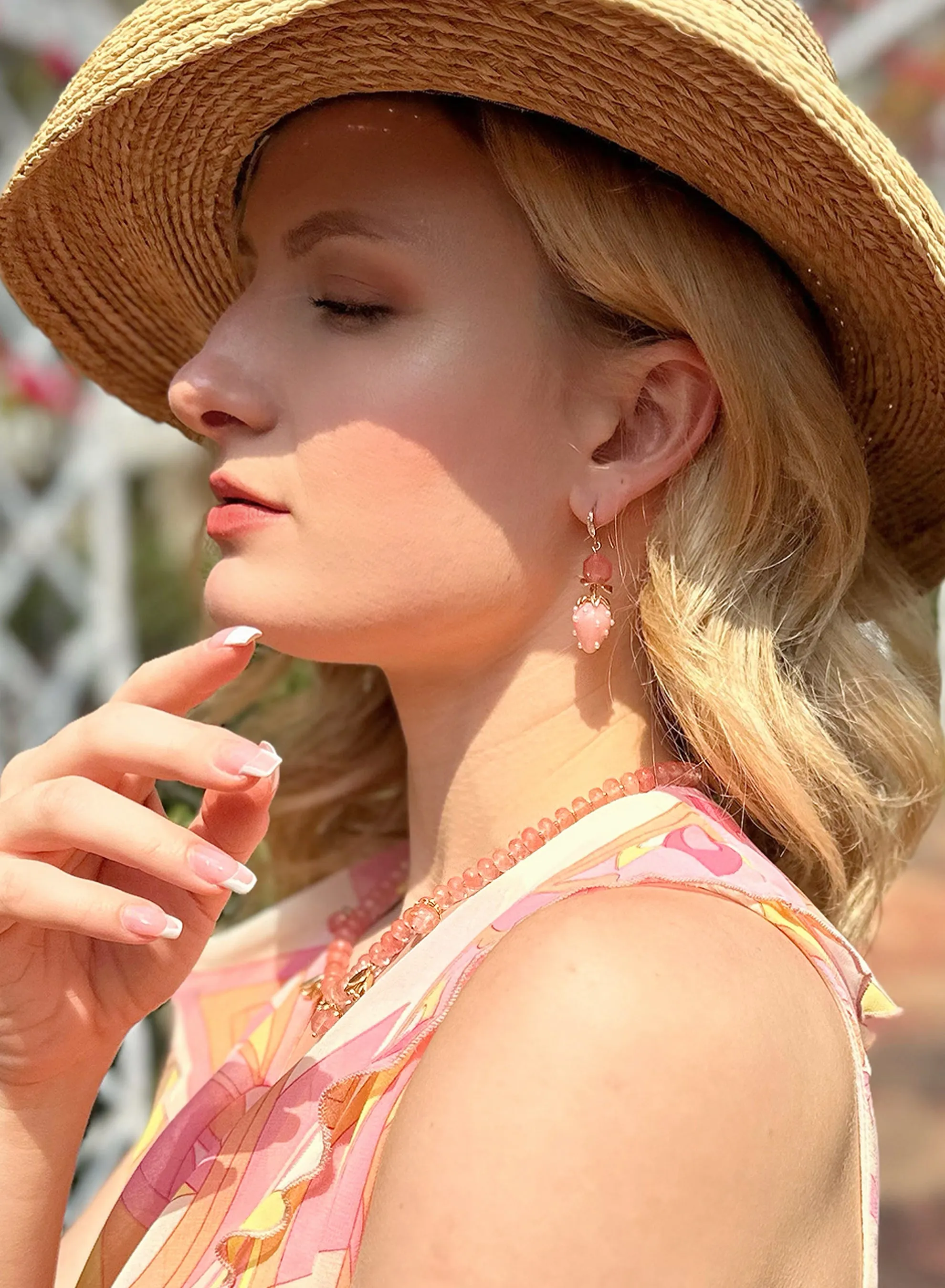 Watermelon Quartz With Strawberry Glass Dangle Earrings JE009