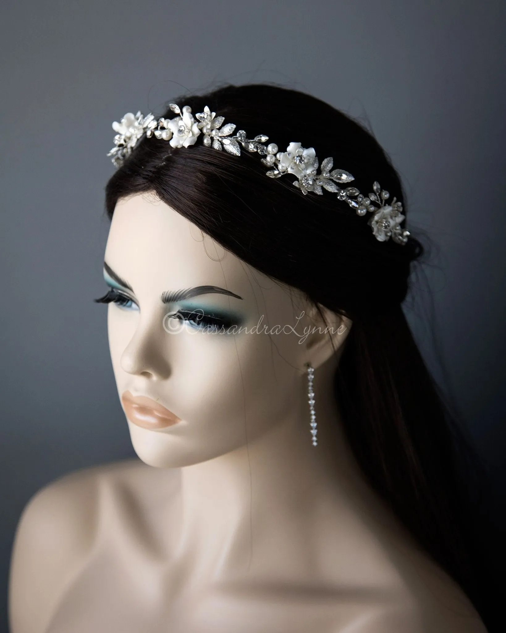 Wedding Headband with Porcelian Flowers and Pearls