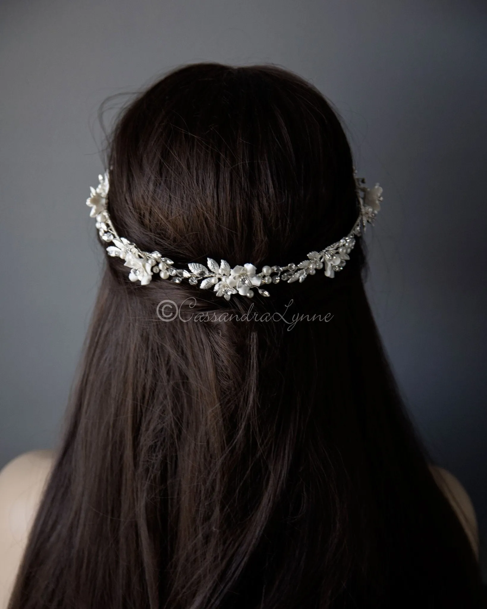 Wedding Headband with Porcelian Flowers and Pearls