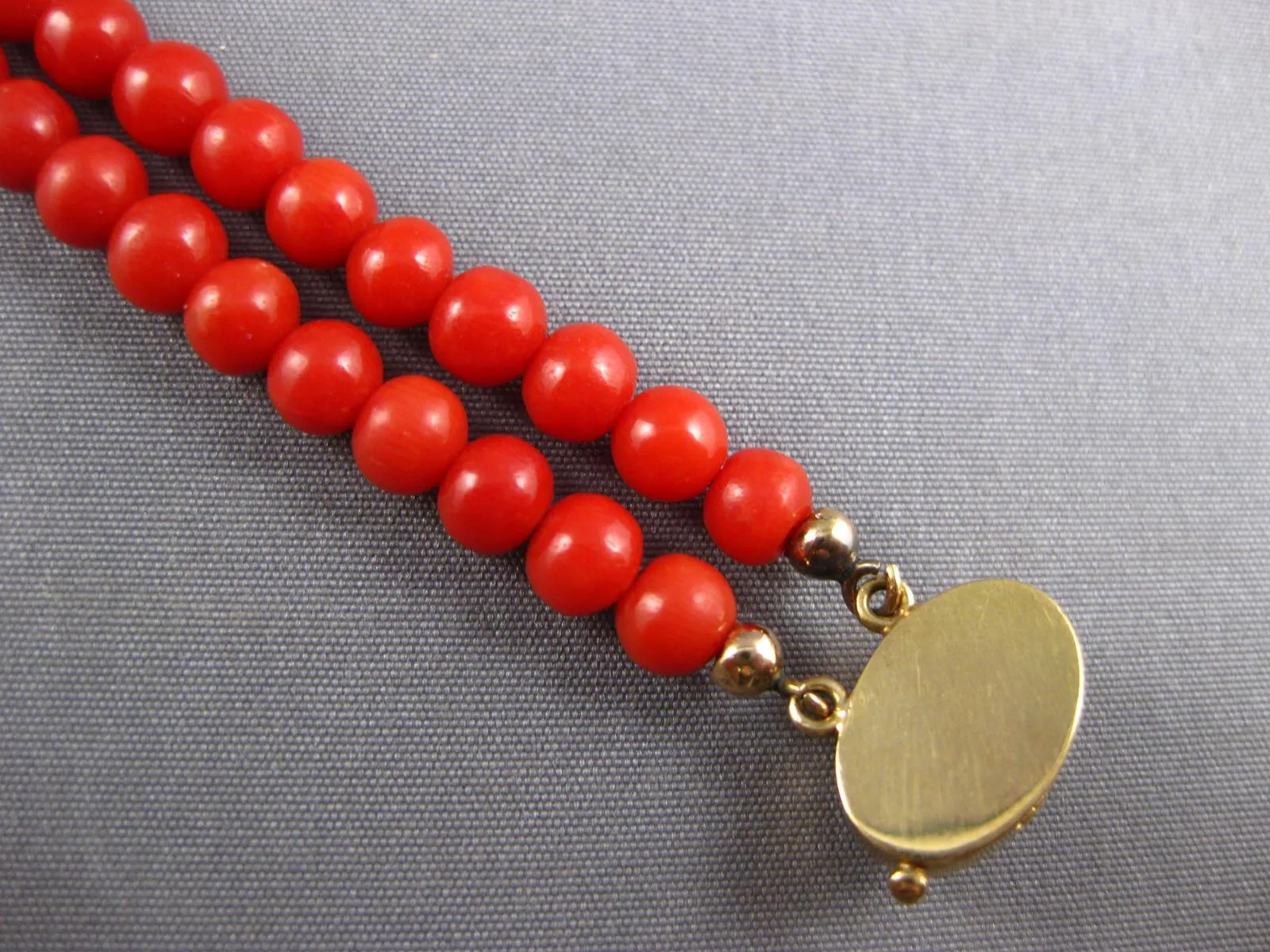 WIDE & LONG AAA CORAL 18K YELLOW GOLD ROUND & OVAL DOUBLE STRAND BRACELET #27181