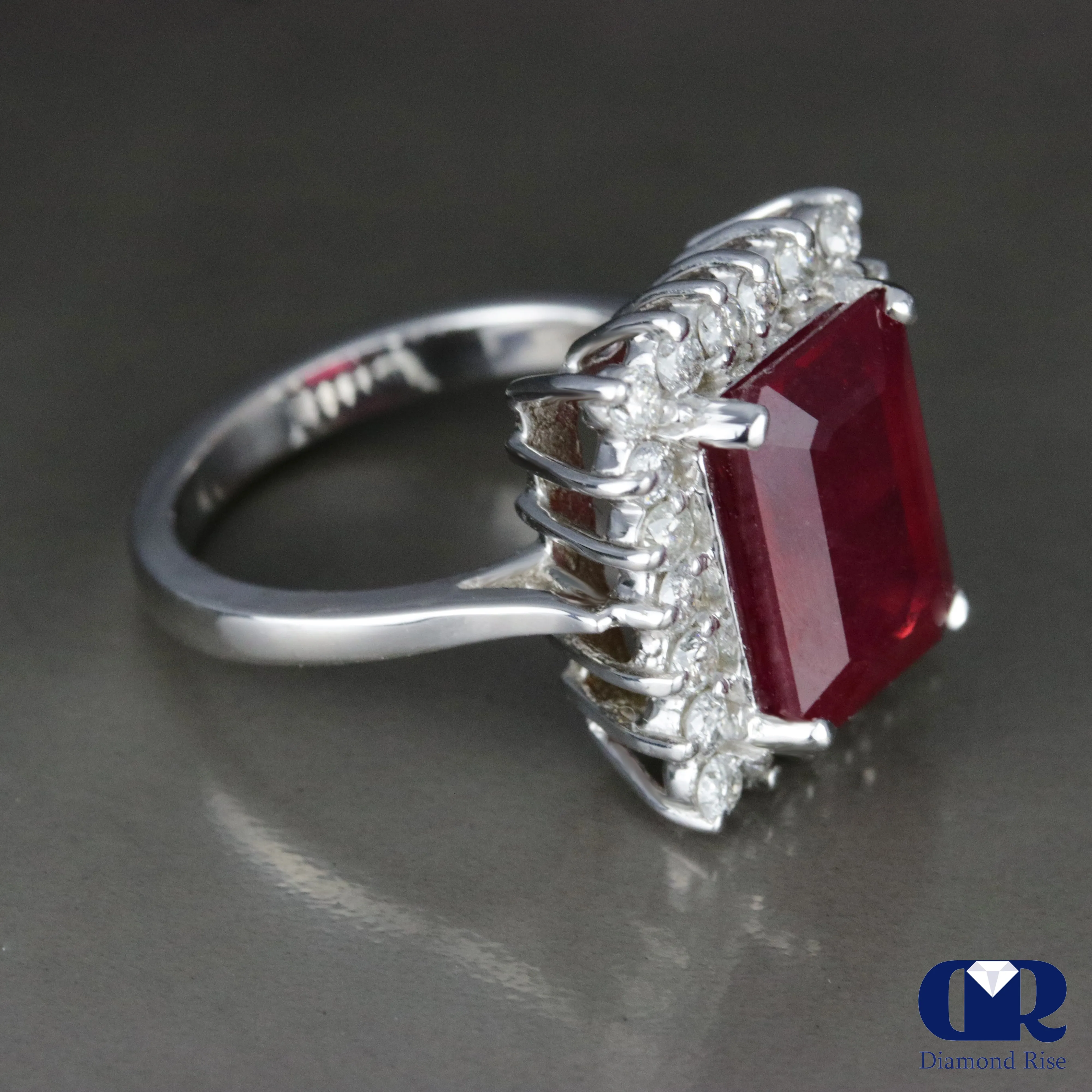 Women's Emerald Cut Ruby & Diamond Cocktail Ring & Right Hand Ring In 14K White Gold