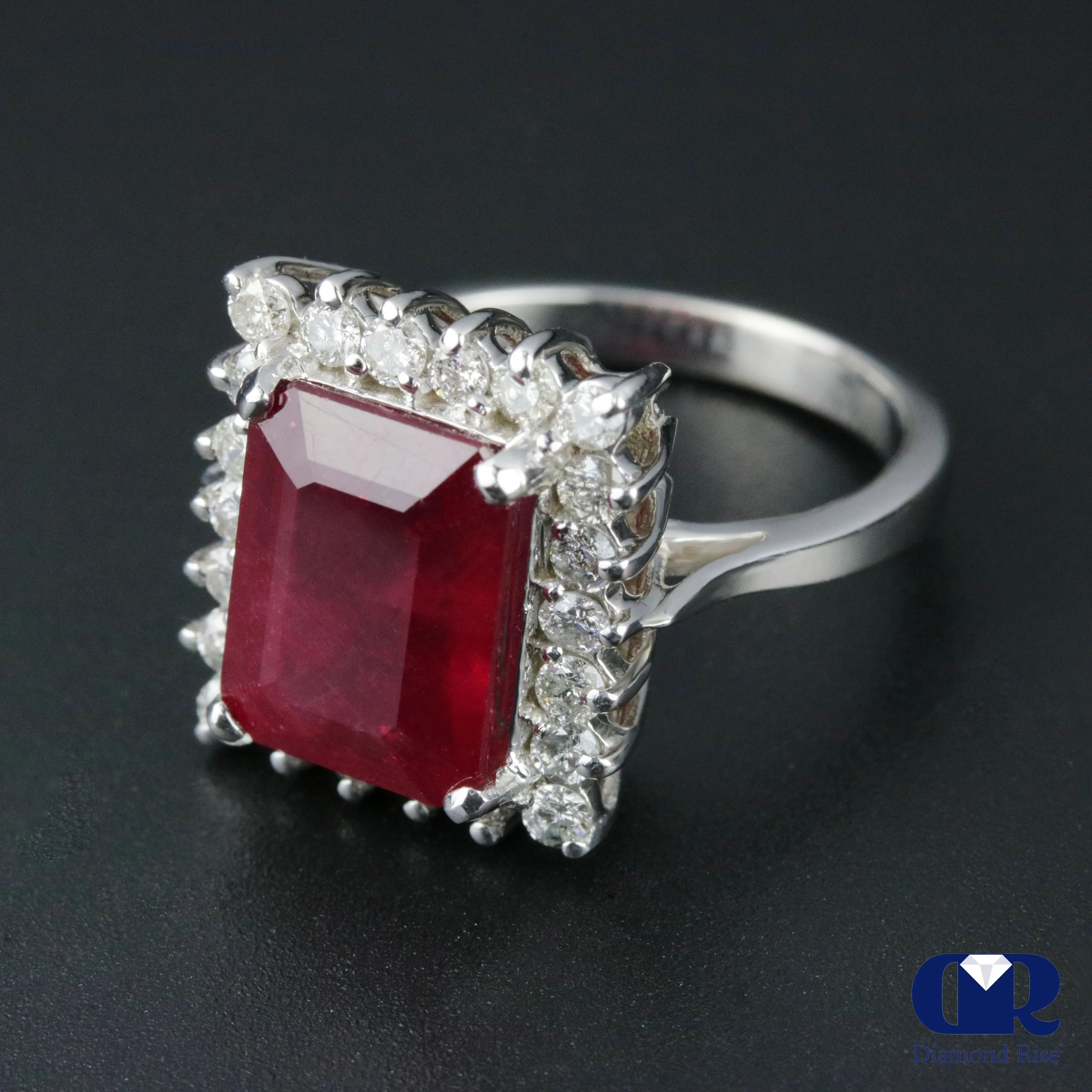 Women's Emerald Cut Ruby & Diamond Cocktail Ring & Right Hand Ring In 14K White Gold