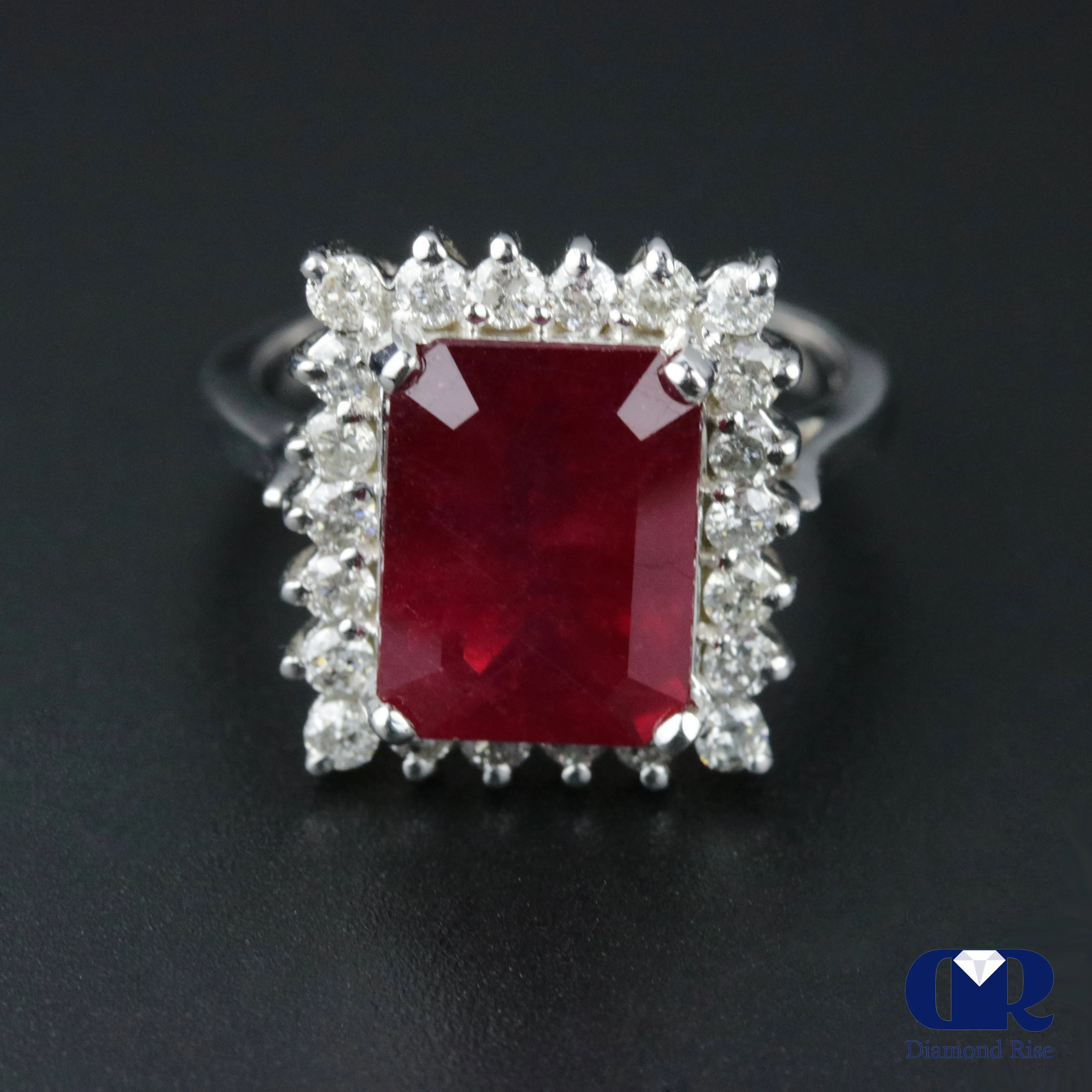 Women's Emerald Cut Ruby & Diamond Cocktail Ring & Right Hand Ring In 14K White Gold