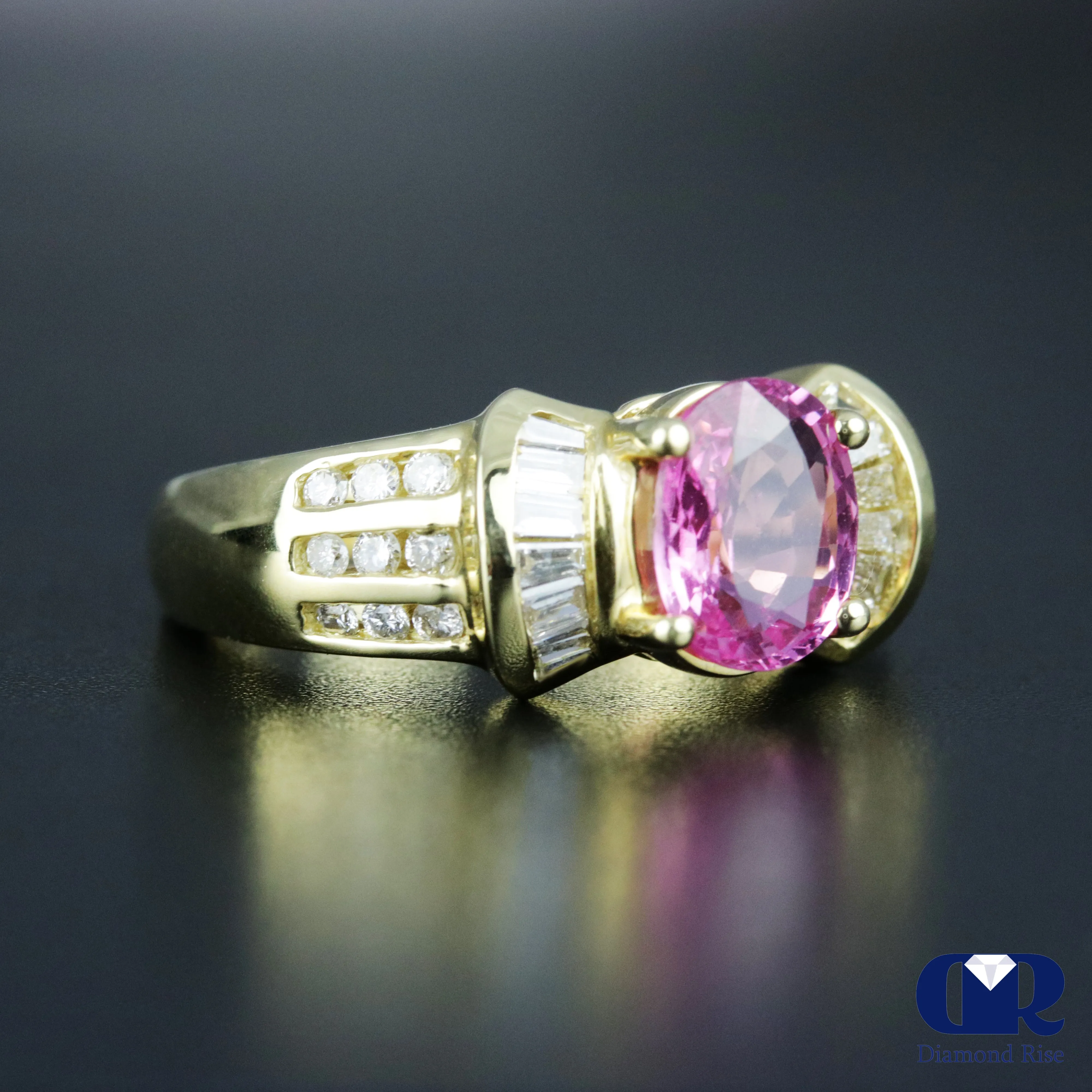 Women's Oval Pink Sapphire & Diamond Cocktail Ring & Right Hand Ring In 14K Yellow Gold