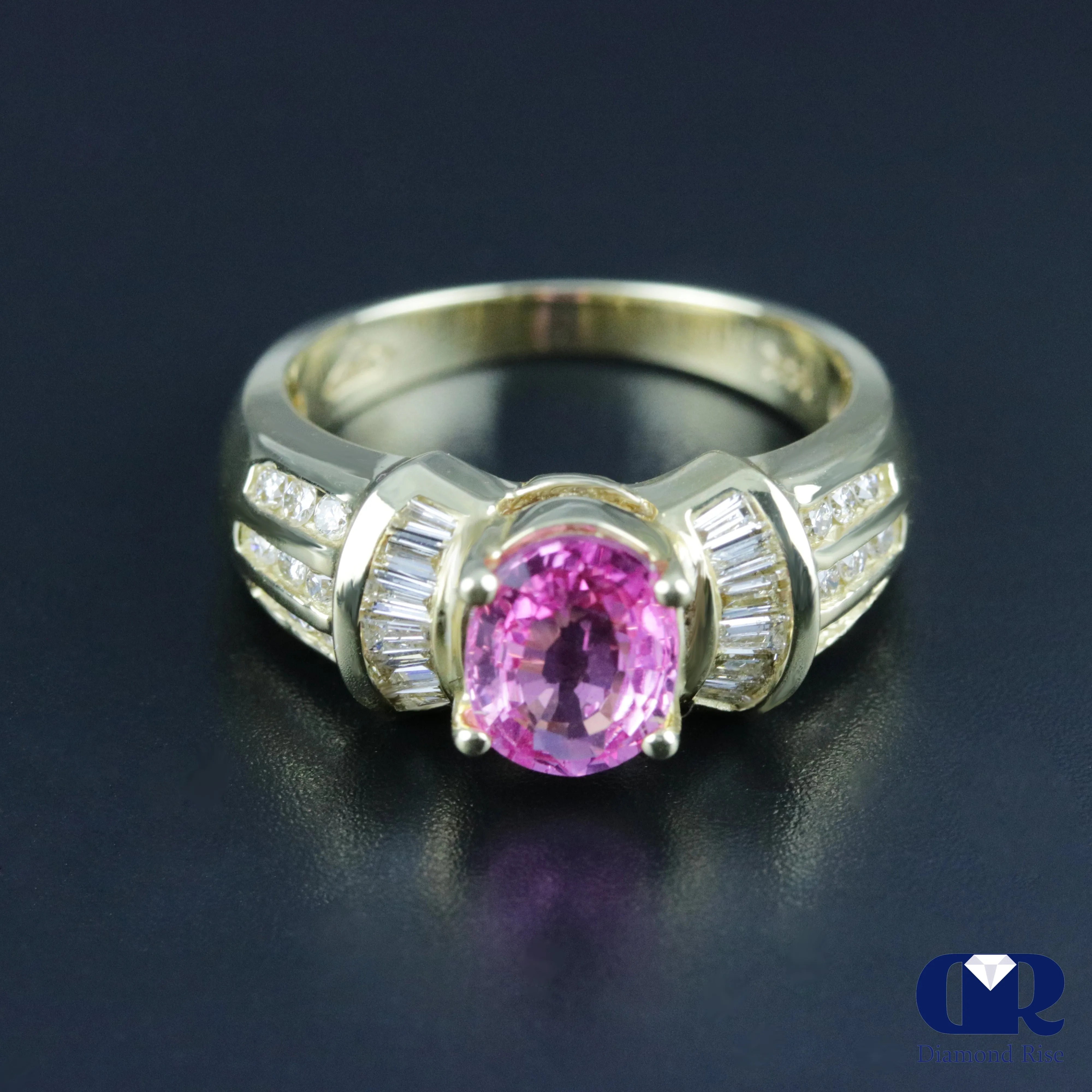 Women's Oval Pink Sapphire & Diamond Cocktail Ring & Right Hand Ring In 14K Yellow Gold