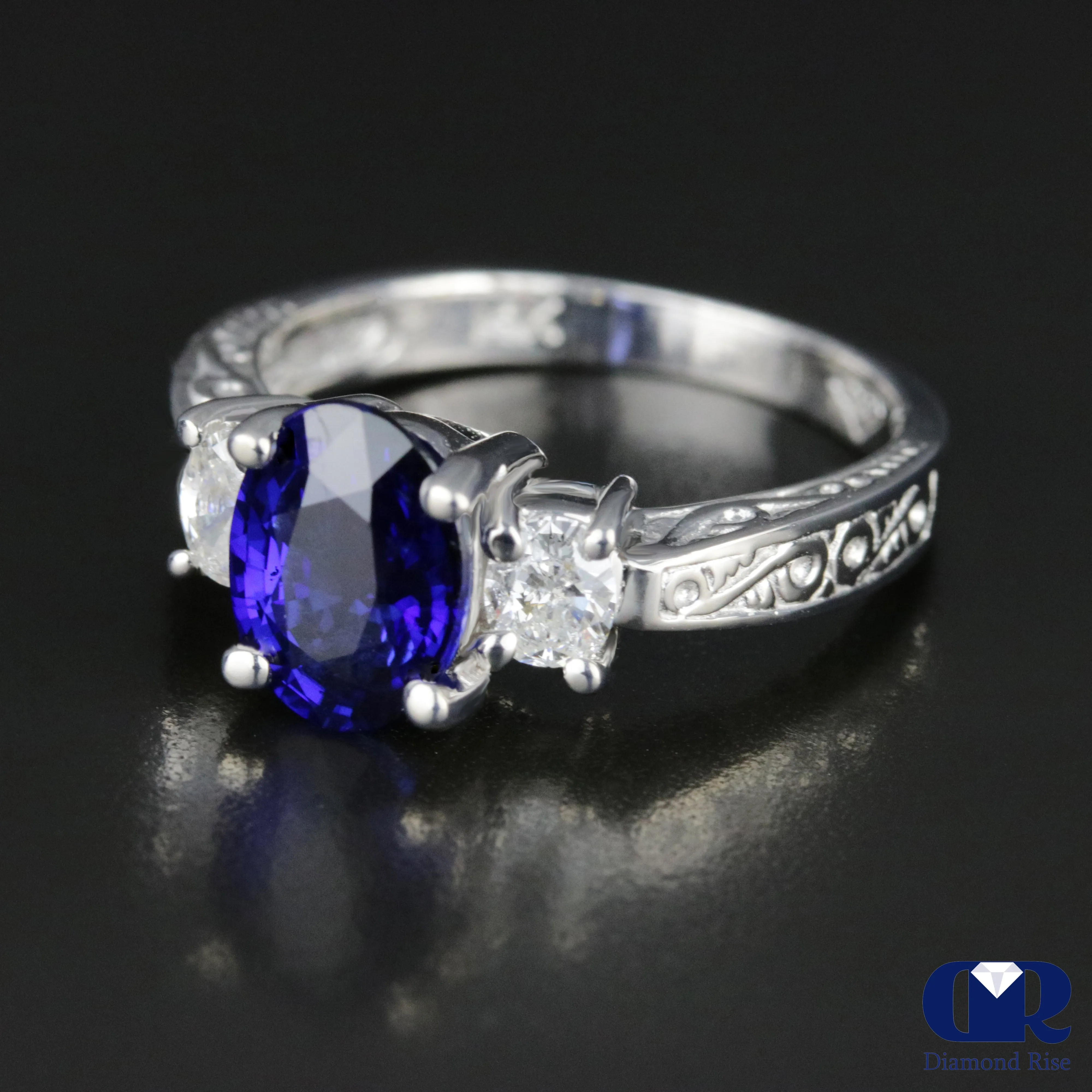 Women's Oval Sapphire & Diamond Three Stone Cocktail Ring & Right Hand Ring In 14K White Gold