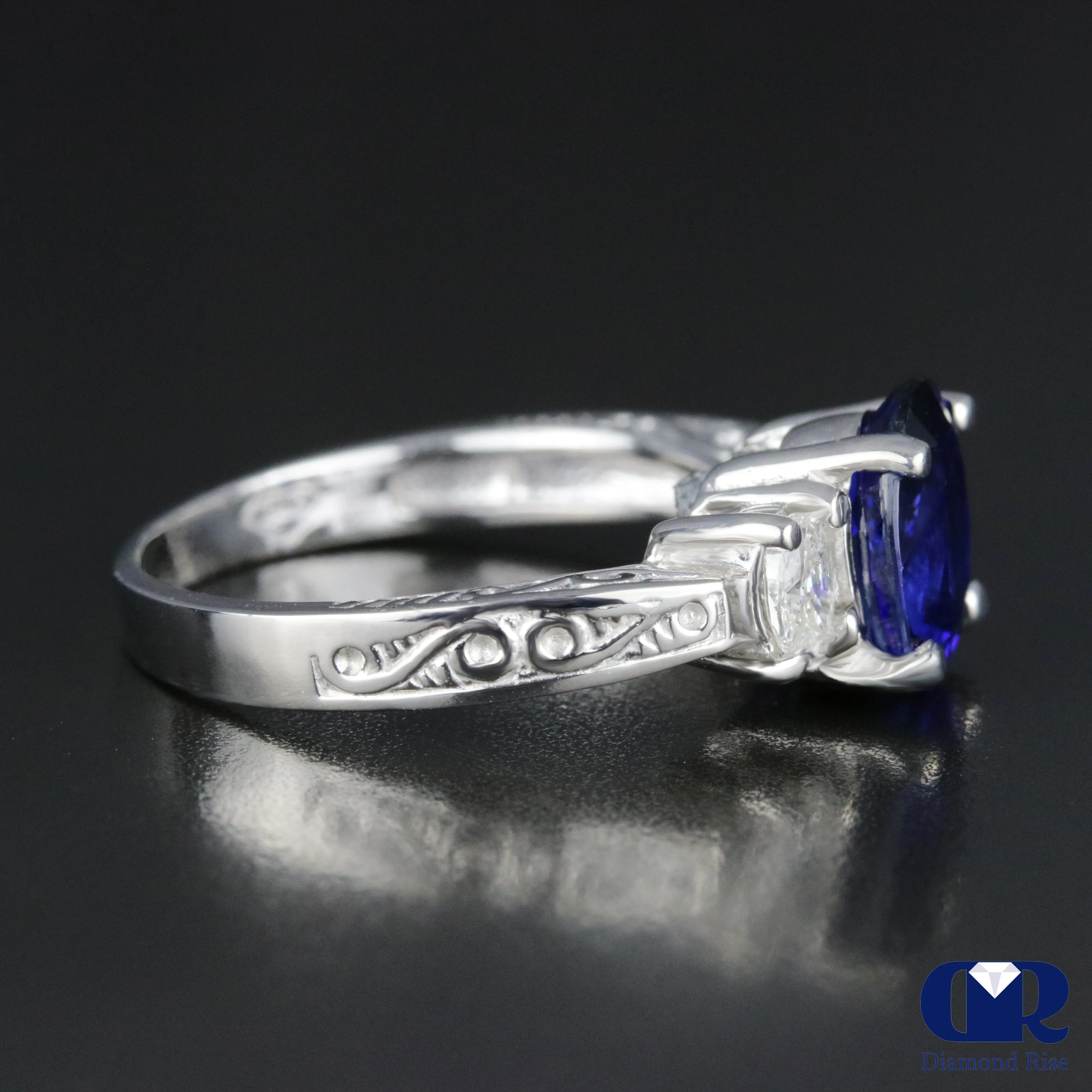 Women's Oval Sapphire & Diamond Three Stone Cocktail Ring & Right Hand Ring In 14K White Gold