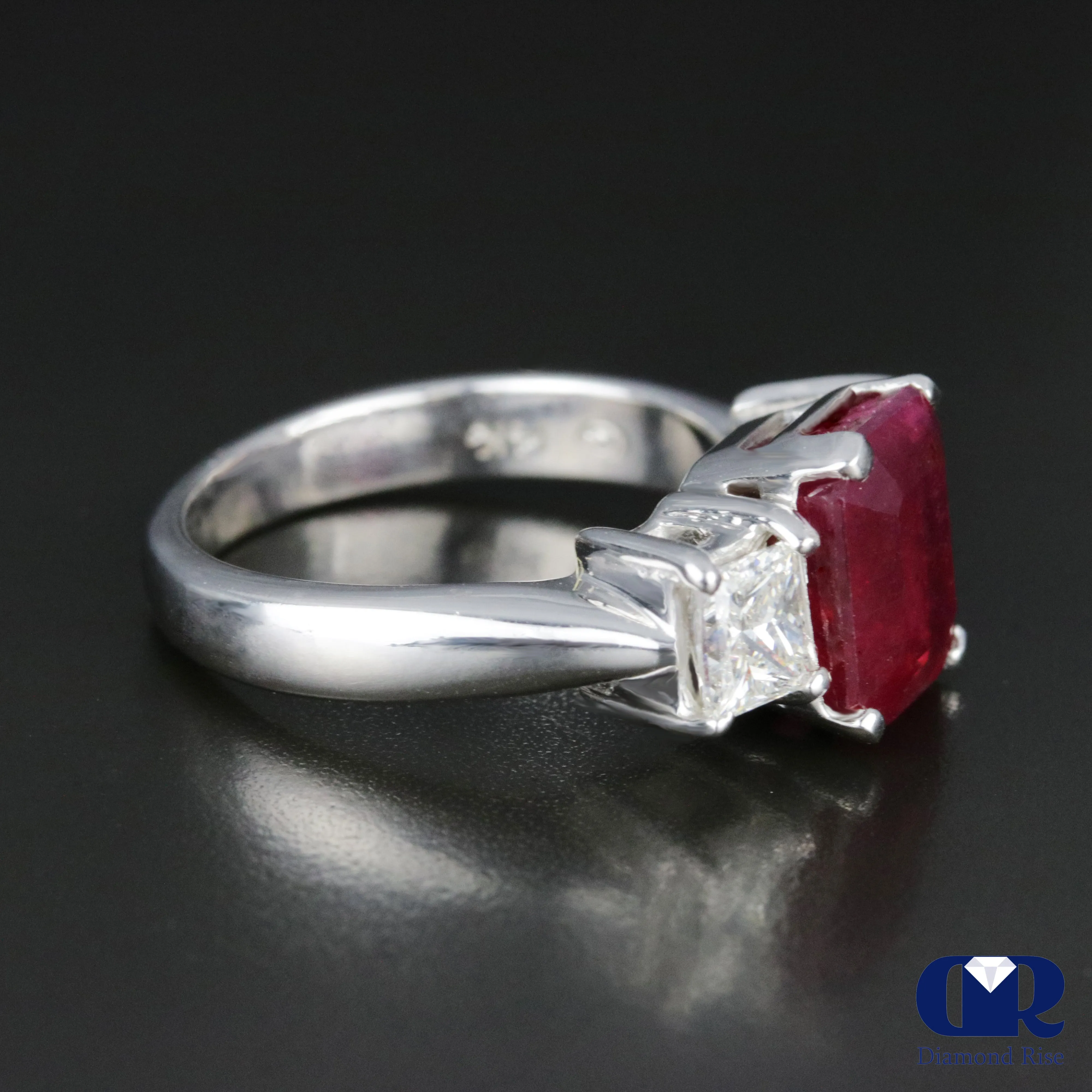 Women's Ruby & Diamond Three Stone Cocktail Ring Right Hand Ring In 14K White Gold